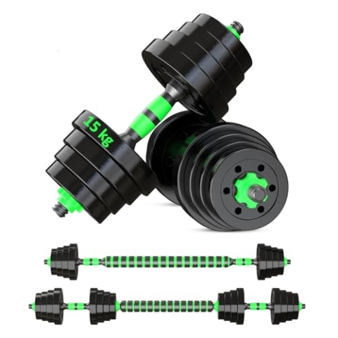 Reformor Kurzhanteln Verstellbar - 15 kg Hantel Set, Dumbbell Set mit Schraubverschlüssen, Langhantel & Gewichten, Multifunktionell Hanteln set, Grün
