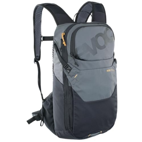 EVOC RIDE 12 Protektor Fahrradrucksack, Trekkingrucksack für Trails & Alltag (cleveres Taschenmanagement, AIR-PAD-Rückenpolsterung, Helmhalterung, Backpack), Carbon Grau / Schwarz