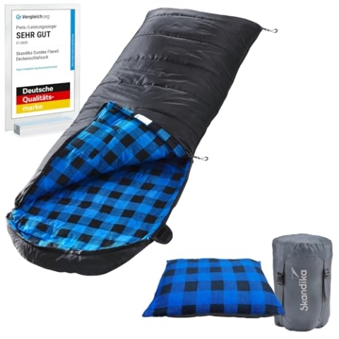 skandika Dundee Decken-Schlafsack, Luxus-Qualität, Baumwolle/Flanell Innenfutter, bis -20°C, 220x80 cm, koppelbar (Schwarz RV Links + Sleepyhead-Kissen (blau))