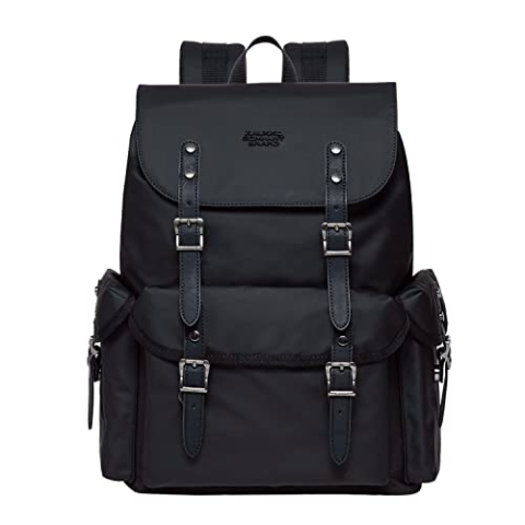 KAUKKO Leder Groß Rucksack Damen Herren, Vintage Wanderrucksack mit 14 Zoll Laptopfach für Arbeit, Ausflüge, Uni, 23L, Schwarz-FP703