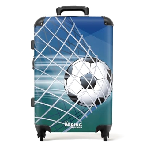 NoBoringSuitcases.com® Reisekoffer Geschenk Junge Rollkoffer Reisekoffe Trolli Suitcase Koffer Groß Kinder - Fussball - Blau - Tor - Netz - Koffer mittelgroß, 67x43x25cm