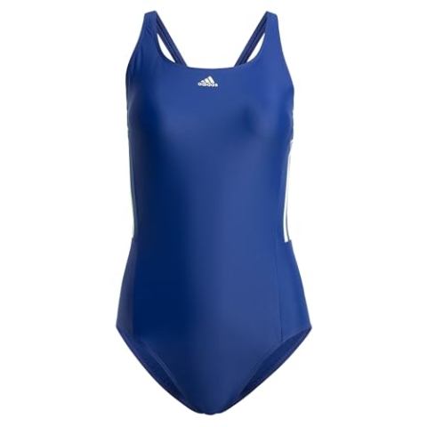adidas Mid 3-Streifen Badeanzug für Damen, Dunkelblau/Grün Spark, Größe 28