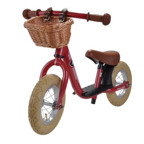 Bandits & Angels Laufrad aus Metall mit Weidenkorb Retro Rot mit Trittbrett ab 2 Jahren – Rotes Lauflernrad – Verstellbarer Sattel 29 bis 39 cm – Für Jungen und Mädchen – Niedriger Einstieg