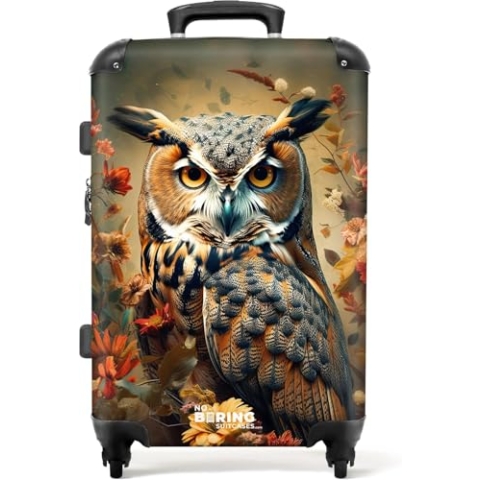 NoBoringSuitcases.com® Koffer Mittelgroß 67x43x25 cm Hartschalenkoffer L Trolley Rollkoffer 4 Rollen Leicht Hartschale Mittel Groß Eule - Blumen - Orange