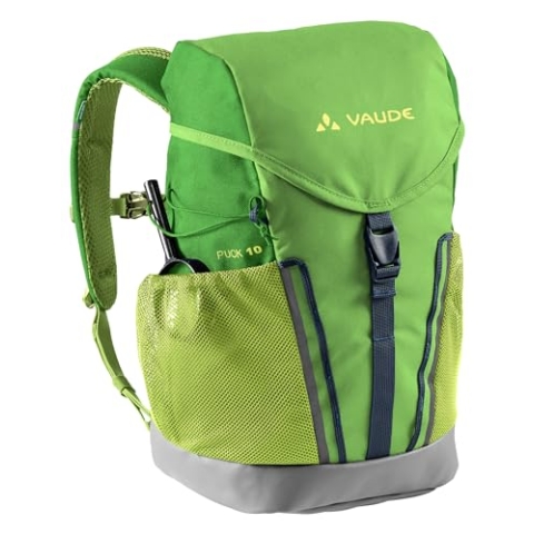 VAUDE Kinderrucksack Jungen & Mädchen Puck 10 Liter in grün, komfortabler Wanderrucksack Kinder, Wetterfester Schulrucksack mit Regenhülle & Lupe, viel Stauraum, Apple