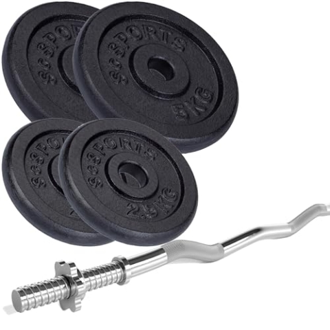 ScSPORTS® Hantelset - Curlstange, 120 cm, mit Gewinde, Stahl, Hantelscheiben 15/20/28/40/60 kg, Gusseisen, Schwarz, Stern-/Federverschluss (15 kg (2 x 5 + 2 x 2,5))