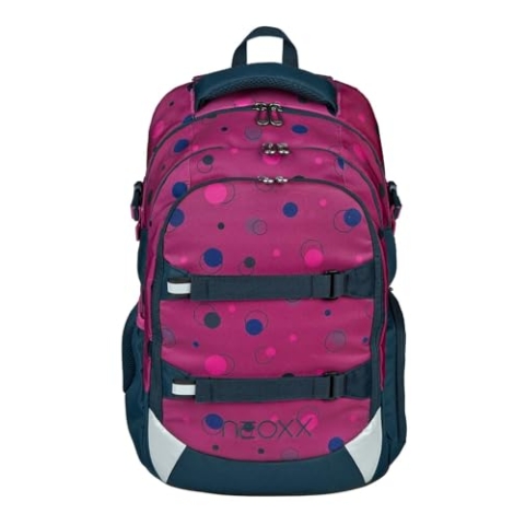 neoxx Schulrucksack ACTIVE Pro Bubble me around - aus recycelten PET-Flaschen - Rucksack für die Schule mit 3 Fächern + Geheimfach – höhenverstellbare und gepolsterte Träger – Volumen ca. 30 Liter