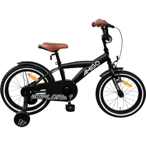 AMIGO Explorer - Kinderfahrrad - 16 Zoll - mit Handbremse, Rücktritt, Lenkerpolster und Stützräder - ab 5-6 Jahre Schwarz/Weiss