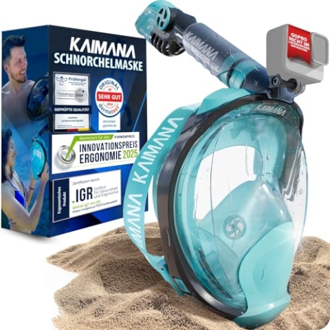 Die Preisgekrönte KAIMANA® Schnorchelmaske für Erwachsene & Kinder - absolut CO2 sicher - inkl. Tragetasche - Tauchermaske Erwachsene - Vollgesichtsmaske Tauchmaske