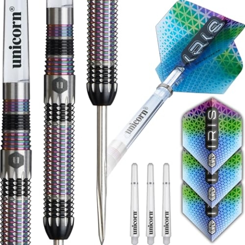 Unicorn Dartpfeile Set U-Tech | Iris | 90% Tungsten Barrels mit DNA-Beschichtung & unglaublich aufwendigem Sharkfin gefrästem Griff | langlebige atemberaubende Ultrafly Flights | Steel Tip Volute