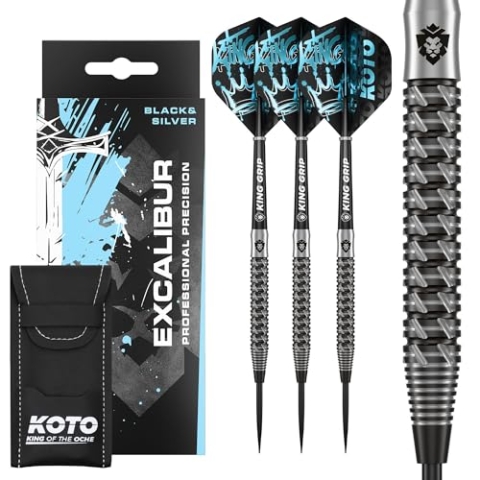 KOTO - Excalibur 90% Darts 21 G, Schwarz & Silber, Darts Set inkl. 3 Barrels, Flights + Shafts & Dartwallet, Fester Ringgrip