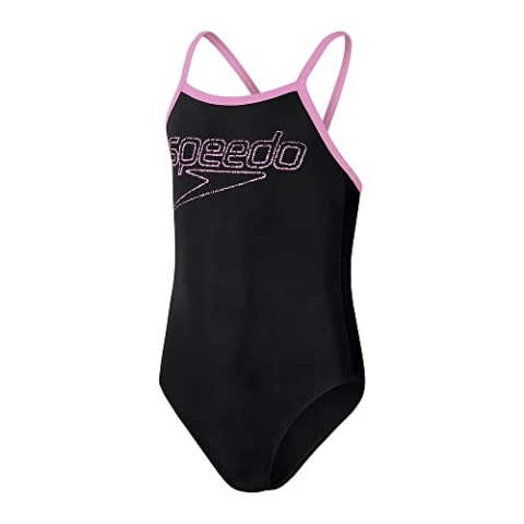 Speedo Mädchen Logo Thinstrap Muscleback Badeanzug, Schwarz/Taffy Rosa, 9-10 Jahre