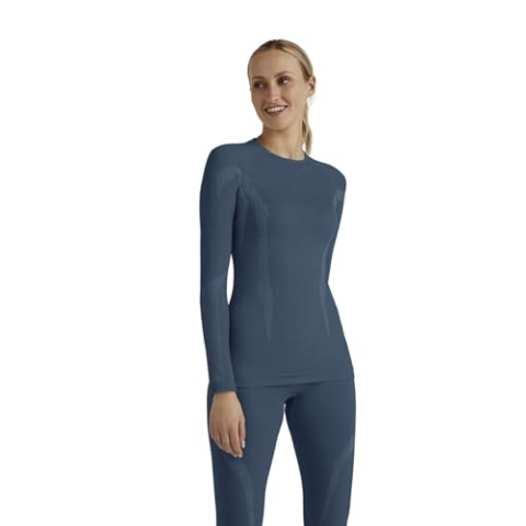 FALKE Damen Baselayer-Shirt Wool-Tech Round Neck W L/s Sh Wolle Funktionsmaterial schnelltrocknend 1 Stück, Blau Capitain 6751, M