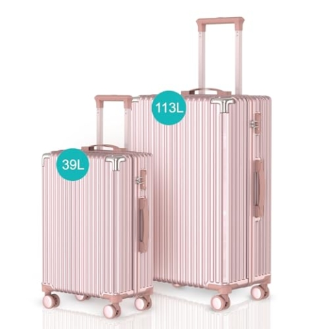 Voyagoux Kofferset 2 teilig - 39L & 113L, Hartschalenkoffer Set, TSA-Schloss, ABS, 4X 360° Rollen, Robust und Leichtgewicht Suitcase, Roségold