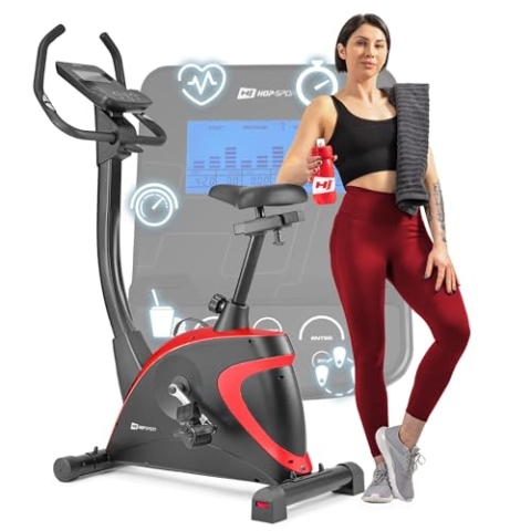 Hop-Sport Heimtrainer Fahrrad Host - Ergometer mit App-Steuerung, 12 Trainingsprogrammen & 16 computergesteuerten Widerstandsstufen, Pulsmessung - leises Fitnessbike mit Flaschenhalter für Zuhause Rot