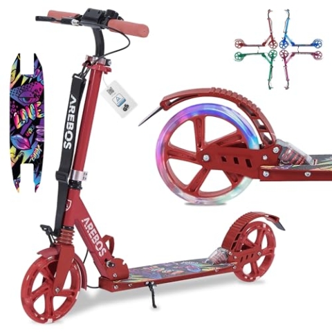 Arebos Cityroller Tretroller Rot höhenverstellbar | klappbar | inkl. Tragegurt | LED Räder | Hand-Tritt-Bremse | Front-Heckfederung | Kinder & Erwachsene | 100kg belastbar | Kickroller | Kickscooter