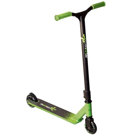 muuwmi Stuntscooter – Freestyle Kickroller, 100 mm, ABEC 7, verstärkter Wing-Lenker, 360°- Lenkung, schwarz-grün