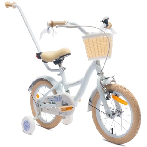 sun baby Mädchenfahrrad 14 Zoll Radgröße Flower Bike zur Auswahl, mit Abnehmbarer Schubstange, Kinderfahrrad für Mädchen von 2 bis 6 Jahre (Hellblau, 14 Zoll)