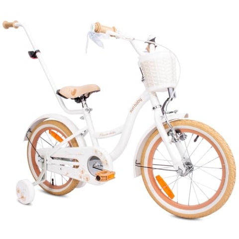 sun baby Mädchenfahrrad 16 Zoll Radgröße Flower Bike zur Auswahl, mit Abnehmbarer Schubstange, Kinderfahrrad für Mädchen von 2 bis 6 Jahre (Weiß Beige, 16 Zoll)