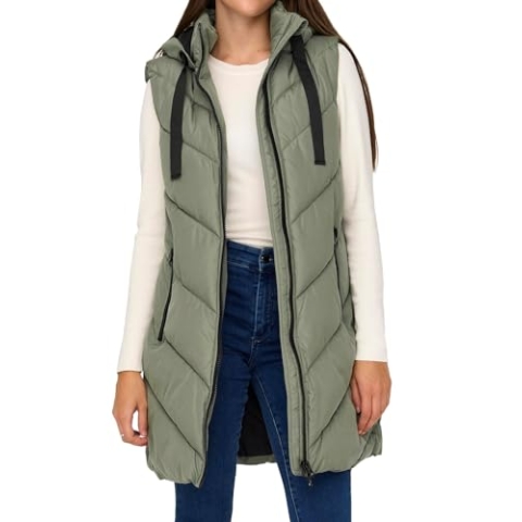 JdY Damen 3/4-lange Steppweste mit Kapuze JDYSkylar Padded Hood Waistcoat 15220630 Vetiver/Black XXL