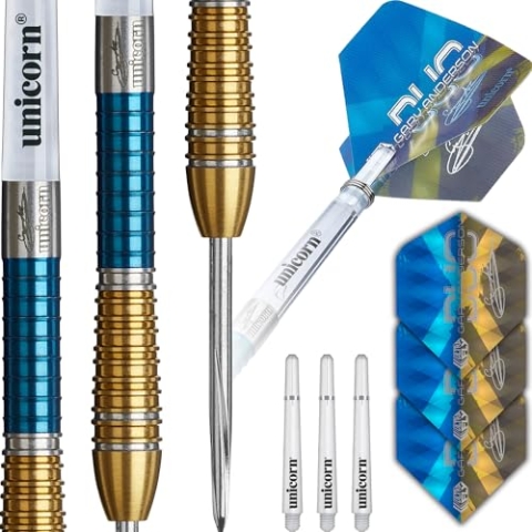 Unicorn Dartpfeile Set Duo Phase 6 | Gary 'The Flying Scotsman' Anderson | 90% Tungsten Barrels mit zweifarbigen blauen & goldenen Titanbeschichtungen | Langlebige Ultrafly Flights | Steel Tip Volute