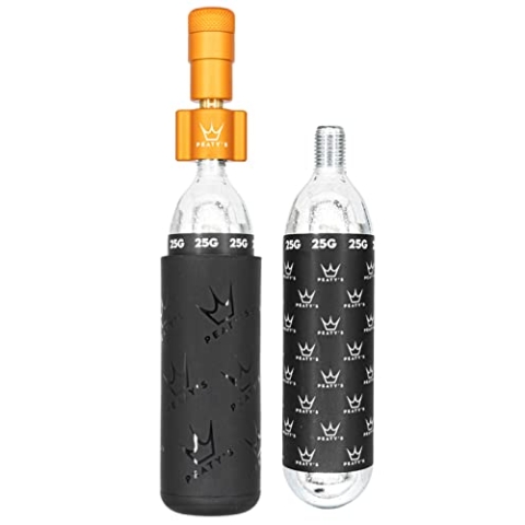 Peaty's Holeshot CO2 Inflator - Reifenfüller Fahrrad mit 2 x 25g CO2 Kartusche, Aufblaskopf und Frostschutzhülle, CO2 Fahrradpumpe Alternative zur Luftpumpe, Geeignet für Presta-Ventile, MTB, Orange