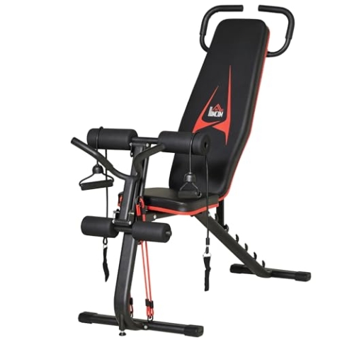 HOMCOM Hantelbank verstellbare Trainingsbank mit elastischer Seils Sit Up-Bank für Heimtraining 6 Stufen Rückenlehne-Gefälle Gewicht bis 150 kg Stahl Kunstleder Schwarz+Rot 145 x 49 x 48-127 cm