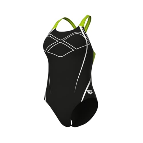 arena Damen Women's Graphic Pro Back One Piece Swimsuit, Black-Artic Lime, 42 EU