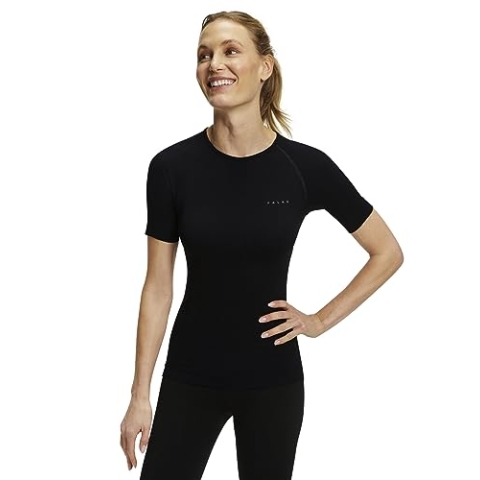 FALKE Damen Baselayer-Shirt Warm Round Neck W S/S SH Funktionsgarn Schnelltrocknend 1 Stück, Schwarz (Black 3000), L