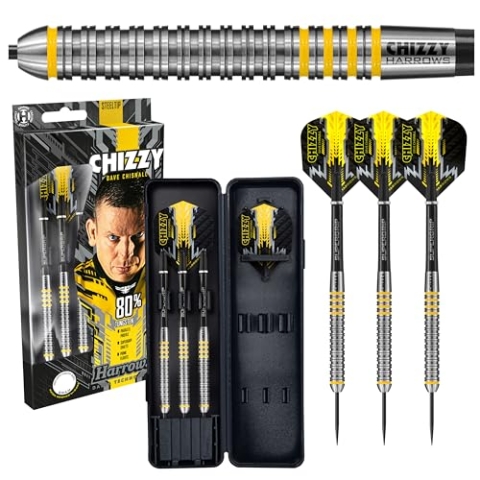 Harrows Dave Chisnall Chizzy 80% Tungsten Steel Tip Darts Set 21g, 22g, 23g & 24g | Inklusive schwarzer Midi Supergrip Schäfte, Prime Flights & Reiseetui (22g)