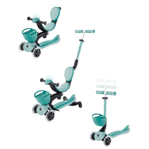 GLOBBER GO-UP Baby Lights 360° – Tretroller, Dreirad und Laufrad für Kinder – höhenverstellbares Kinderfahrzeug – 3rädrig bis 9 Jahre – Bunte LED-Leuchtrollen – Petrol-hellblau