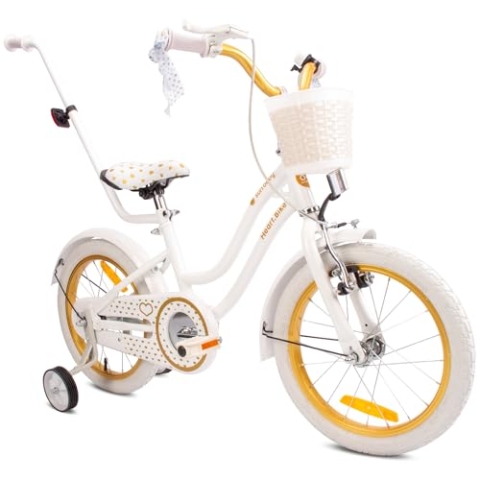 sun baby Mädchenfahrrad 16 Zoll Radgröße Heart Bike zur Auswahl, mit Abnehmbarer Schubstange, Kinderfahrrad für Mädchen von 2 bis 6 Jahre (Weißgold, 16 Zoll)