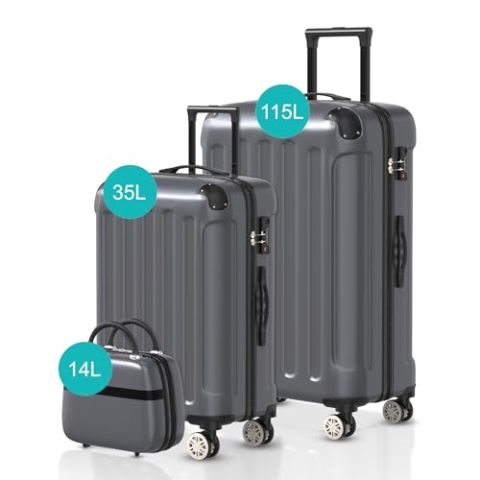 Voyagoux Kofferset 3 teilig - 14L,35L & 115L, Hartschalenkoffer Set, TSA-Schloss, ABS, 4X 360° Rollen, Robust und Leichtgewicht Suitcase, Dunkelgrau