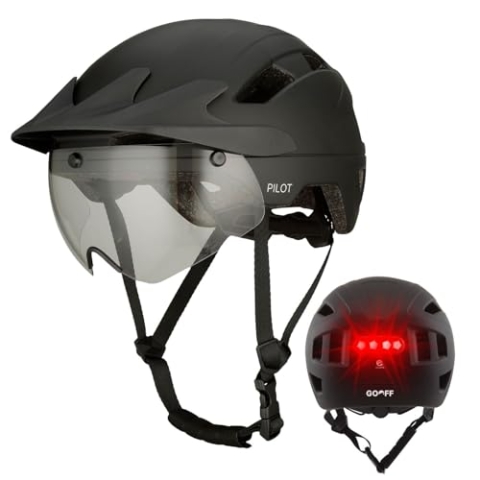 GOOFF Pilot S-Pedelec Helm - Schutz für schnelle E-Bike Fahrten – Fahrradhelm mit Visier und Licht – NTA 8776-zertifizierter Zweirathelm für Damen und Herren (Schwarz mit Sonnenblende, L)