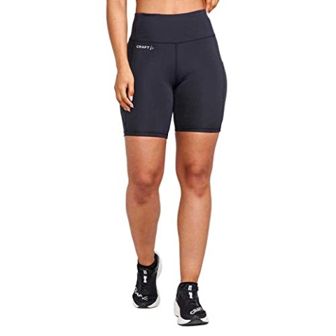 Craft ADV Essence Short Tights 2 | Kurze Sporthose Damen S | Black | Radlerhose Damen mit extra breitem Bund mit Kordelzug | Recycelter Polyester | 2 große Taschen | Kleine Schlüsseltasche