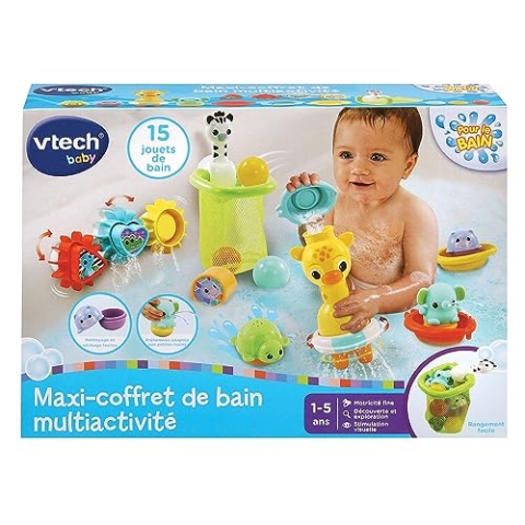 VTech - Maxi-Badeset für Verschiedene Aktivitäten, 15 Badespielzeuge, Tiere, Boote, 3 Formen, 3 Bälle, Aufbewahrungsnetz, Geschenk für Kinder, Jungen und Mädchen, ab 1 Jahr – Inhalt auf Französisch
