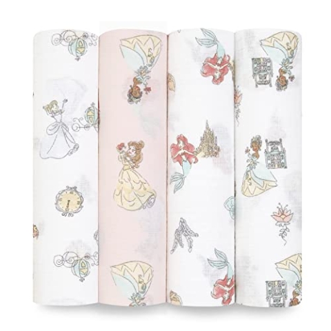 aden + anais essentials Pucktücher, Wickel- und Schmusedecke für Mädchen und Jungen, Baby-Wickeltuch aus 100% Baumwolle für Neugeborene und Kleinkinder, 112x112cm, 4er-Pack, Disney Princess, ESWC40017DIT