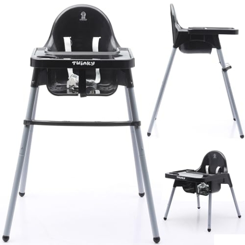Twinky Hochstuhl Baby ECO - Kinderhochstuhl mit liegefunktion - Klappbar Hochstuhl mit Tisch ab Geburt für Baby's und Kinder - Schwarz