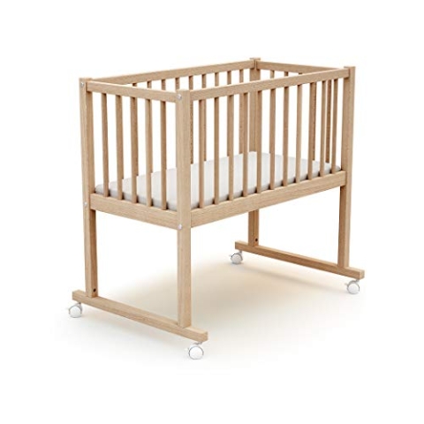 AT4 - Baby Wiege bett Holz mit rollen 40x80 ESSENTIEL Buche Natur roh | 86 x 58,5 x 80 cm | Babybett mit Matratze inklusive 40x80x5cm | 4 multidirektionale Räder | Leicht zu bewegen