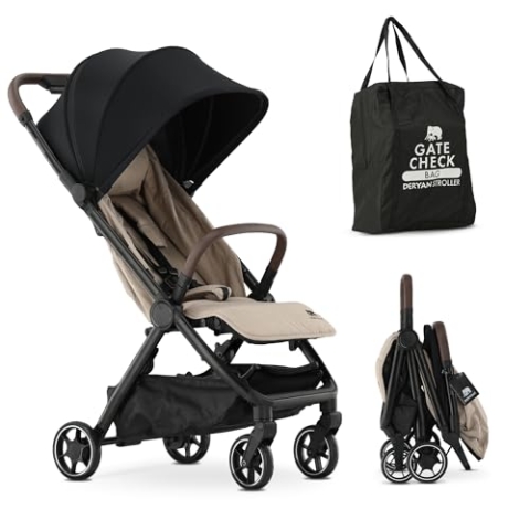 DERYAN Air Reisebuggy - Leicht & kompakt - Handgepäckgröße, faltbarer Reise-Kinderwagen mit Liegefunktion - Einhändig faltbar - Untergestellkorb - Ab 6 Monaten bis 4 Jahre - Nougat