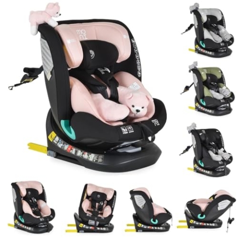 Moni Kindersitz Serengeti i-Size (40-150cm) Isofix, Kuscheltier, Nackenkissen, Farbe:rosa
