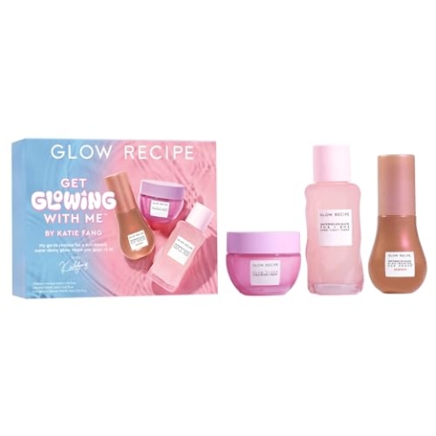 Glow Recipe Set Get Glowing With Me By Katie Fang - PHA + Bha Gesichtswasser und weiches Gesichtspeeling, feuchtigkeitsspendende Gesichtscreme mit Hyaluronsäure Plum Plump + getöntes Serum mit