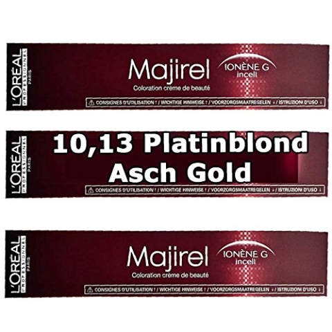 3x Loreal Majirel 10,13 Platinblond Asch Gold Creme Haarfarbe - 50ml