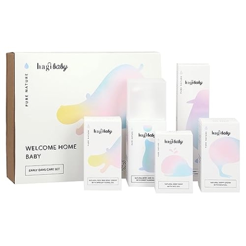 Hagi Baby | Set für Babypflege | Welcome Home Baby | Set mit 5 Produkten für Babypflege | Enthält Körpercreme, Körperöl, Gesichtscreme, Babyseife, Körper-Haargel | Sicher und Erprobt