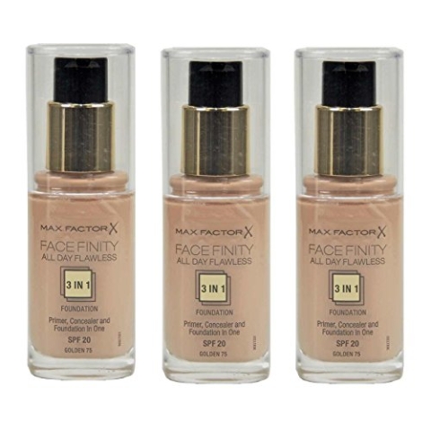 3 x Max Factor Facefinity Ganztägige Flawless 3-in-1-Foundation, goldfarben 75, 30 ml