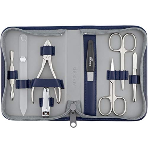 marQus Solingen Maniküre Set mit Nagel-Zange und Glasfeile 8 teilig - Nagelset in hochwertigem Lederetui - Vollwertiges Kit für Frau und Mann, Blau