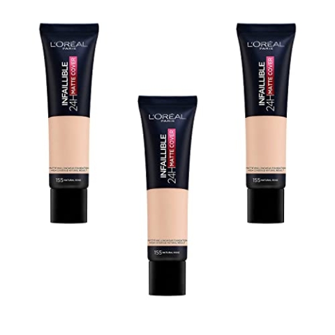 L'Oréal Paris Infaillible 24H Mat Cover Mattierende Foundation - 155 Natural Rosé, 3er Pack (3 x 30 ml)