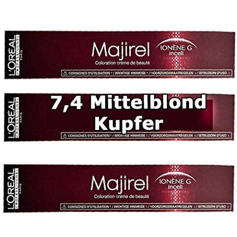 3x Loreal Majirel 7,4 Mittelblond Kupfer Creme Haarfarbe - 50ml
