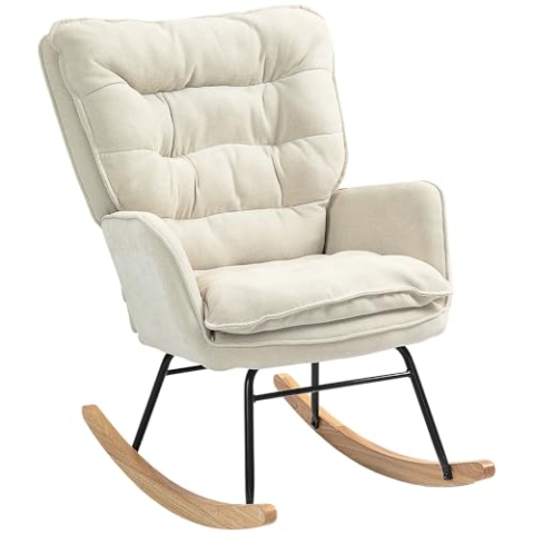 HOMCOM Schaukelstuhl Schwingsessel Armlehnsessel, Stillsessel mit Chenilleoptik, Schaukelsessel bis 120 kg Belastbarkeit für Schlafzimmer, Wohnzimmer, Beige
