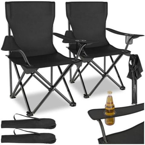 tectake® 2er Set Camping Stühle, Klappstuhl, Angelstuhl faltbar, Stuhl mit Armlehne und Getränkehalter inkl. Tragetasche, bequemer Stuhl für Balkon, Gartenstuhl, Festival Zubehör Camping - schwarz